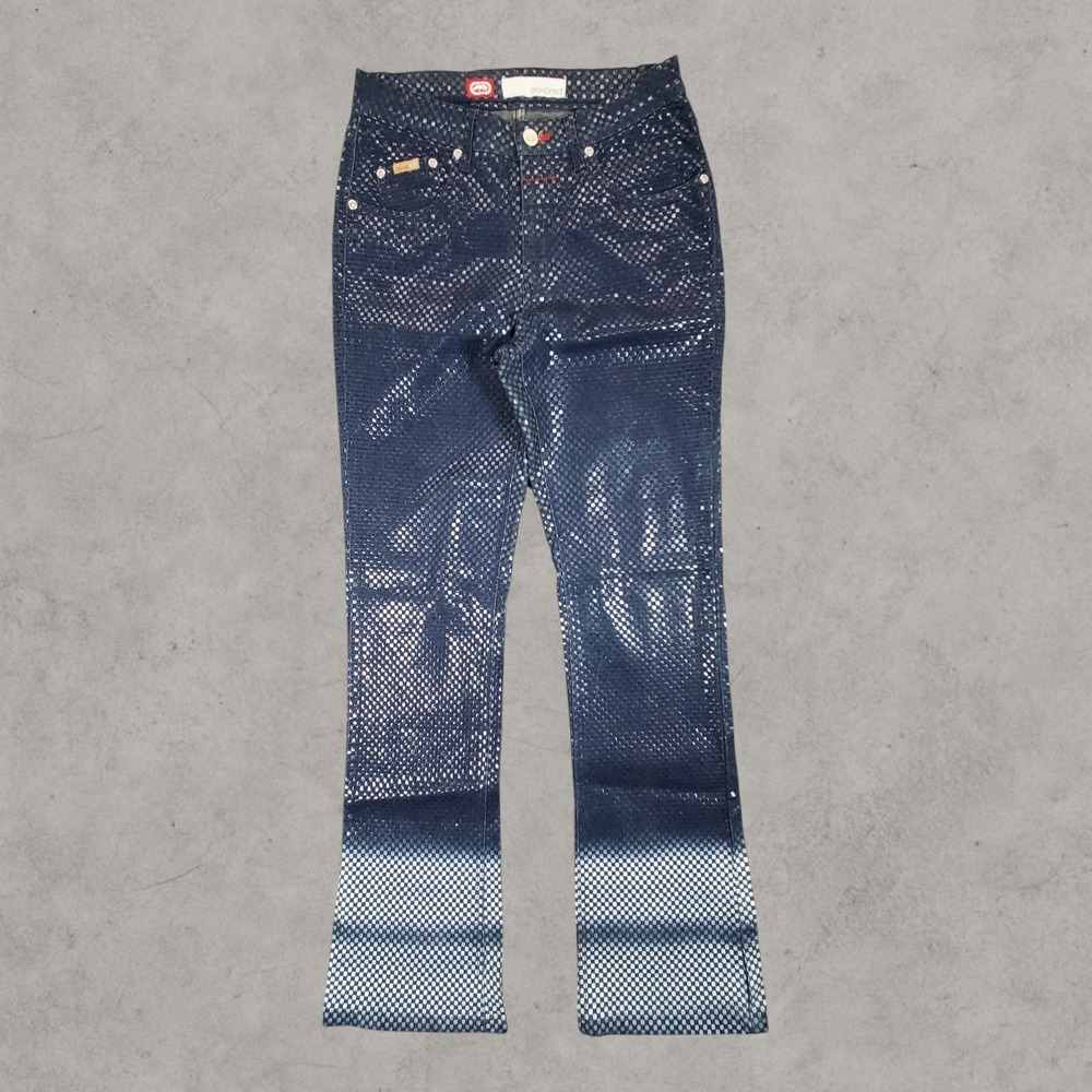 Ecko Red Jeans Women Size 5 Blue Silver Metallic Foil Checkered Y2K Low Rise 00s